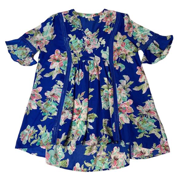 JODIFL Blue Floral Embroidered Ruffle Short Sleeve Blouse Small - Picture 1 of 10
